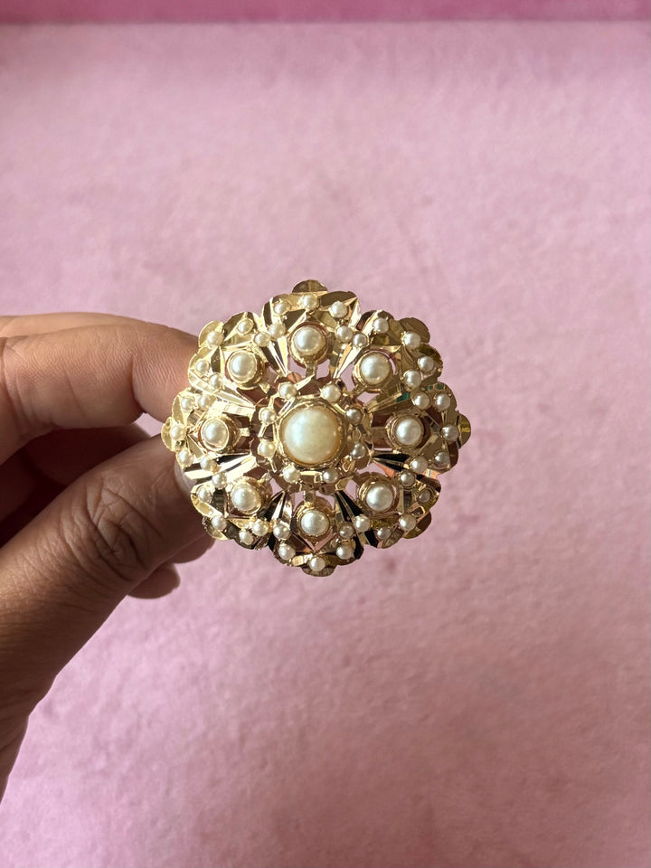 Statement Pearl Jadau Ring | 18k Gold Plated | Copper & Semi-Precious Stones
