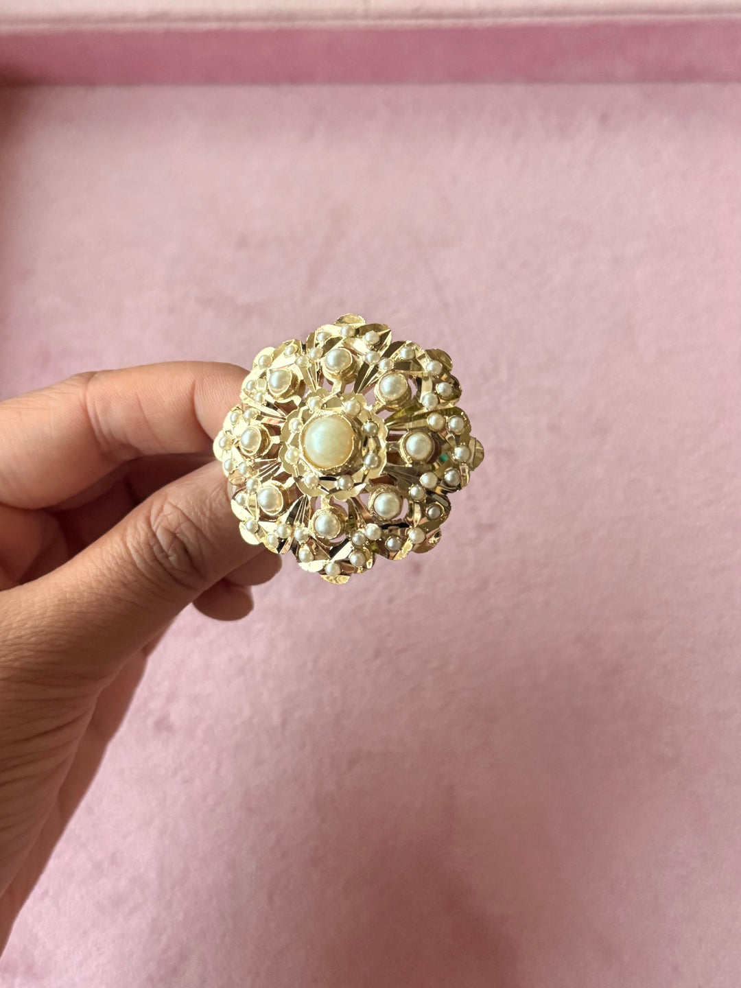 Statement Pearl Jadau Ring | 18k Gold Plated | Copper & Semi-Precious Stones