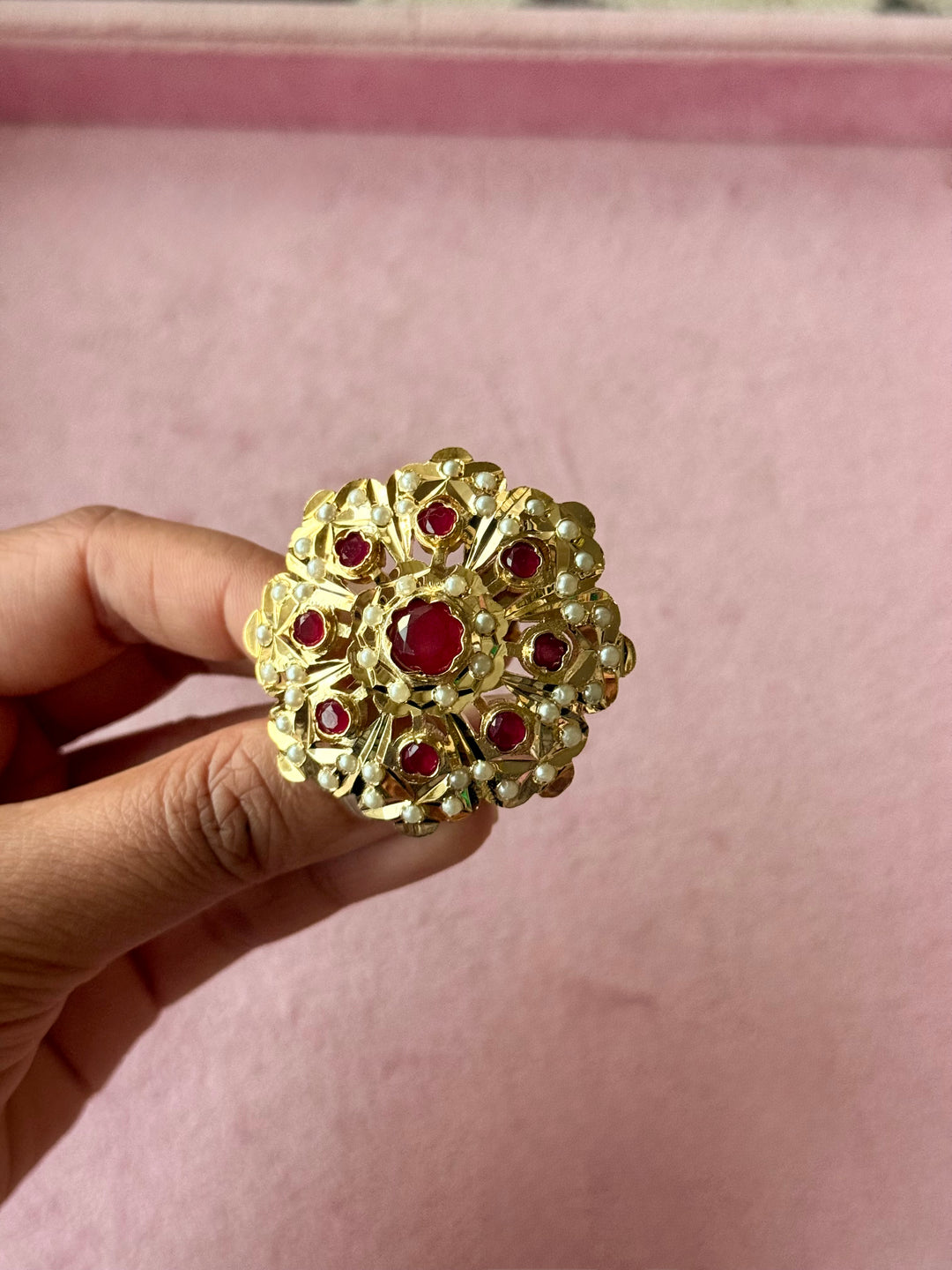 Statement Pearl and Ruby Jadau Ring | 18k Gold Plated | Copper & Semi-Precious Stones