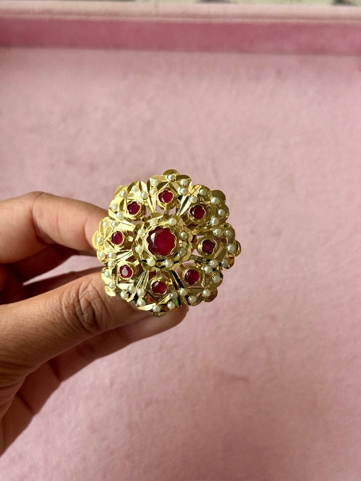 Statement Pearl and Ruby Jadau Ring | 18k Gold Plated | Copper & Semi-Precious Stones