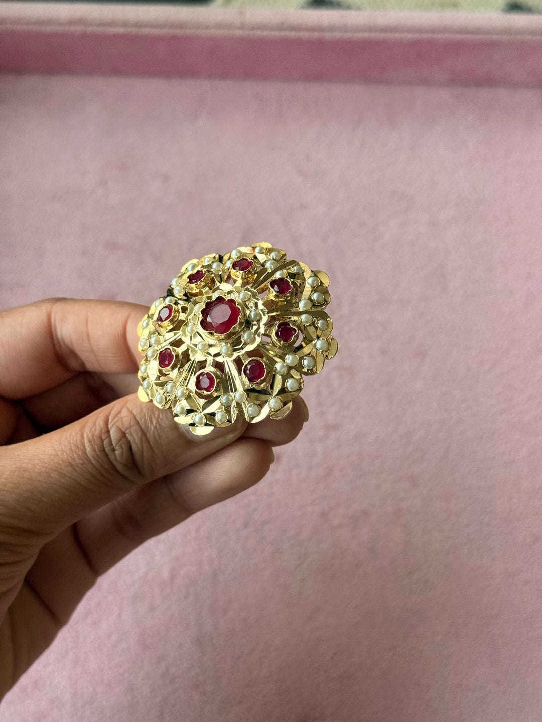 Statement Pearl and Ruby Jadau Ring | 18k Gold Plated | Copper & Semi-Precious Stones