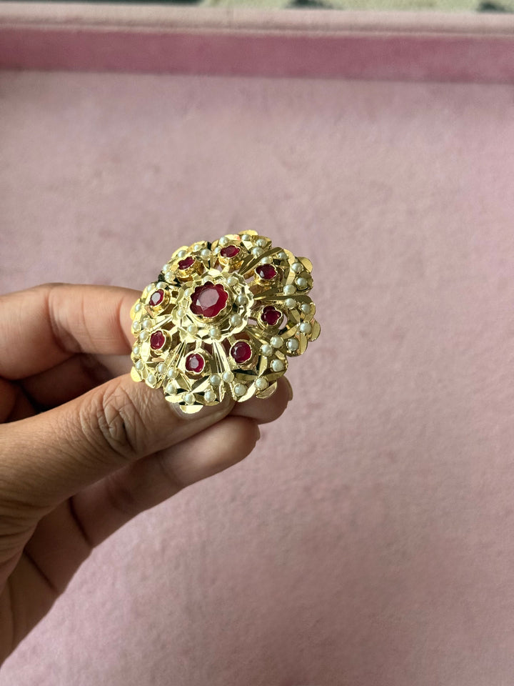 Statement Pearl and Ruby Jadau Ring | 18k Gold Plated | Copper & Semi-Precious Stones