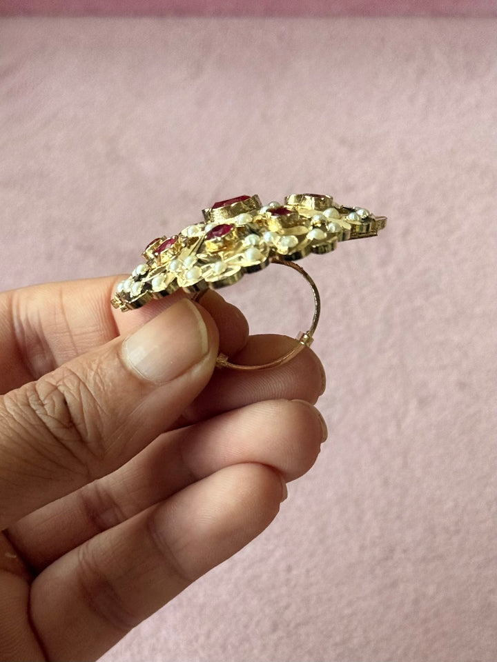 Statement Pearl and Ruby Jadau Ring | 18k Gold Plated | Copper & Semi-Precious Stones