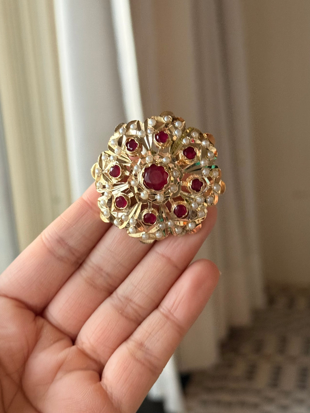 Statement Pearl and Ruby Jadau Ring | 18k Gold Plated | Copper & Semi-Precious Stones