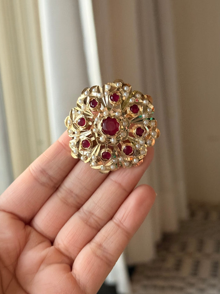 Statement Pearl and Ruby Jadau Ring | 18k Gold Plated | Copper & Semi-Precious Stones