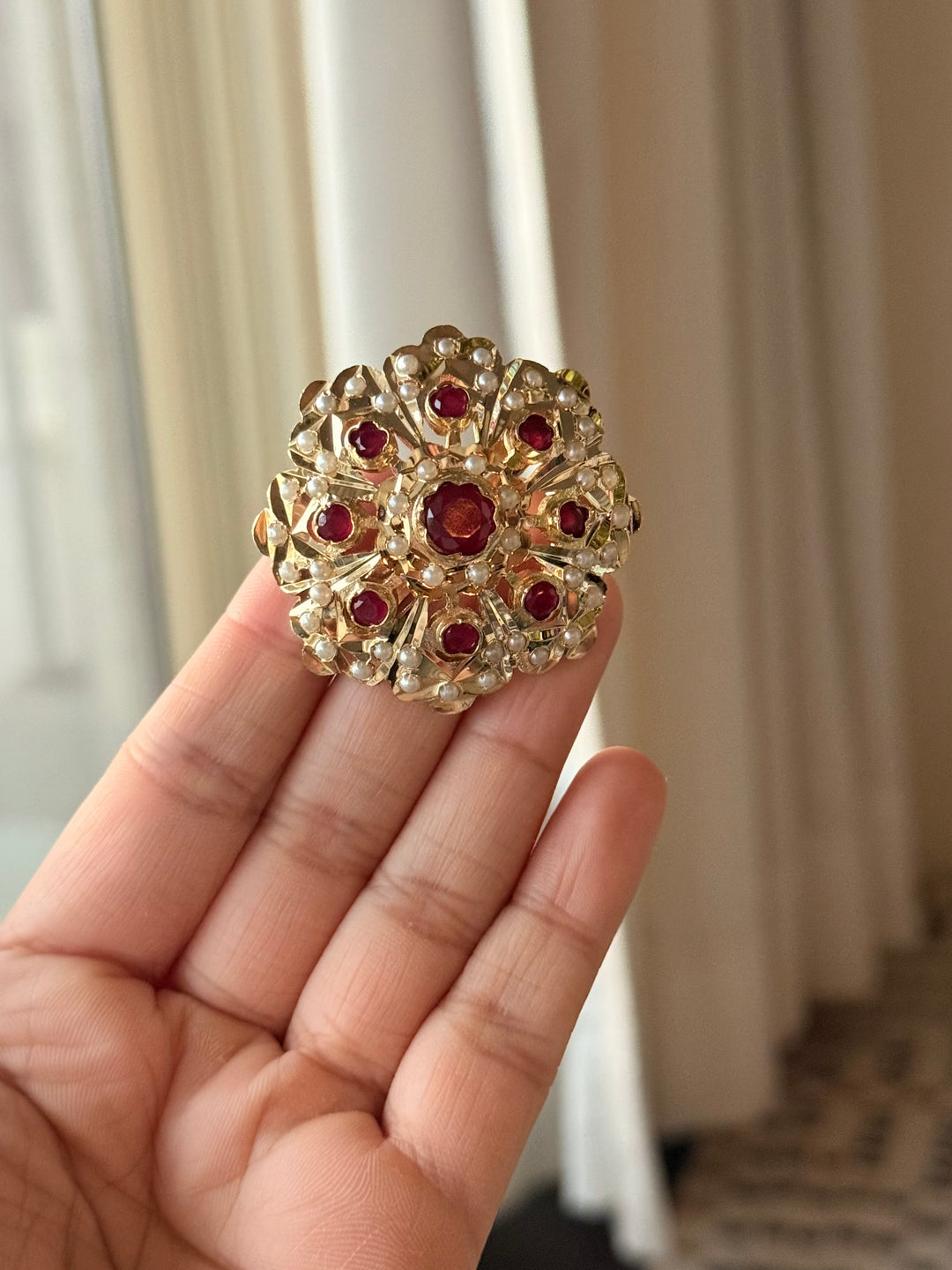 Statement Pearl and Ruby Jadau Ring | 18k Gold Plated | Copper & Semi-Precious Stones