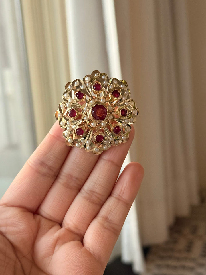 Statement Pearl and Ruby Jadau Ring | 18k Gold Plated | Copper & Semi-Precious Stones