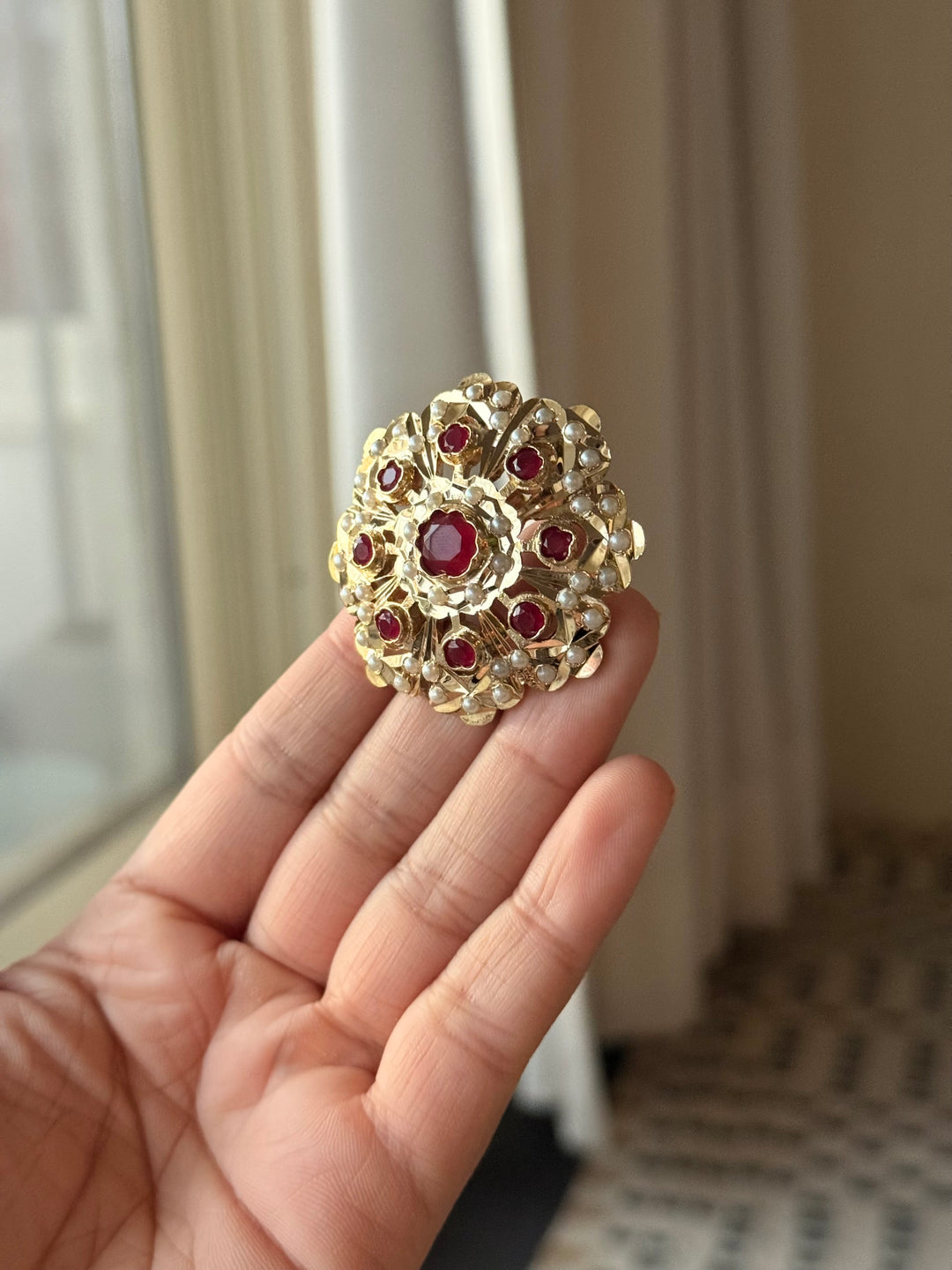 Statement Pearl and Ruby Jadau Ring | 18k Gold Plated | Copper & Semi-Precious Stones