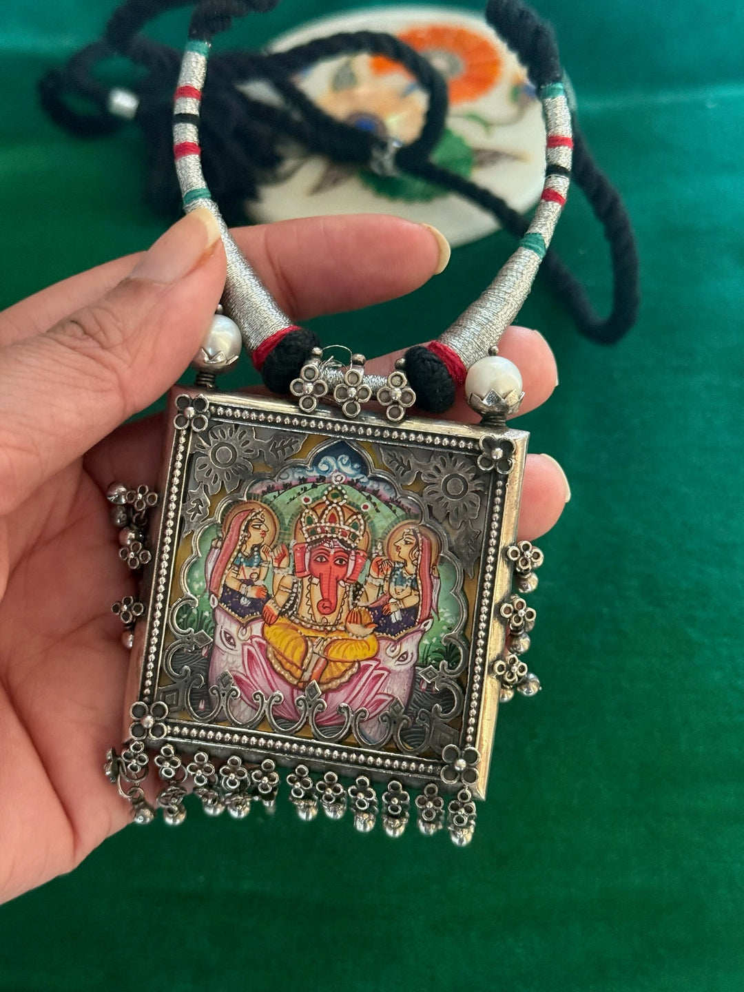 Handmade 925 Silver Handpainted Ganesha Necklace | SHIVKA