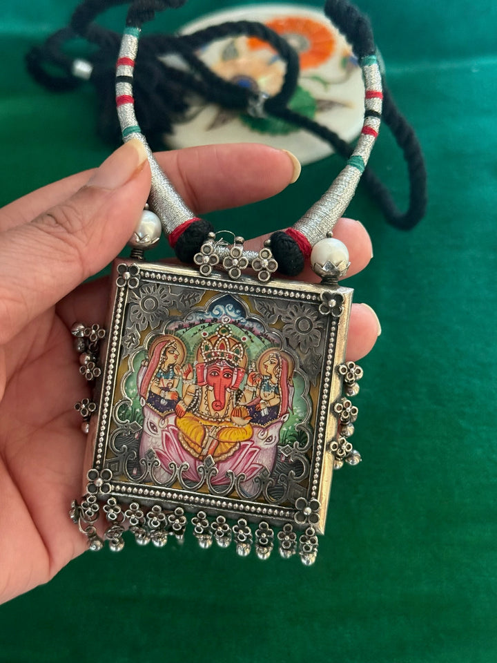 Handmade 925 Silver Handpainted Ganesha Necklace | SHIVKA