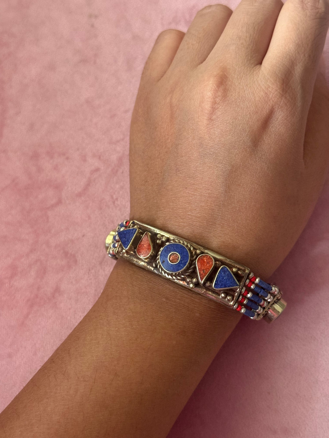 Handcrafted Lapis Lazuli and Coral German Silver Bracelet, Indian Jewelry