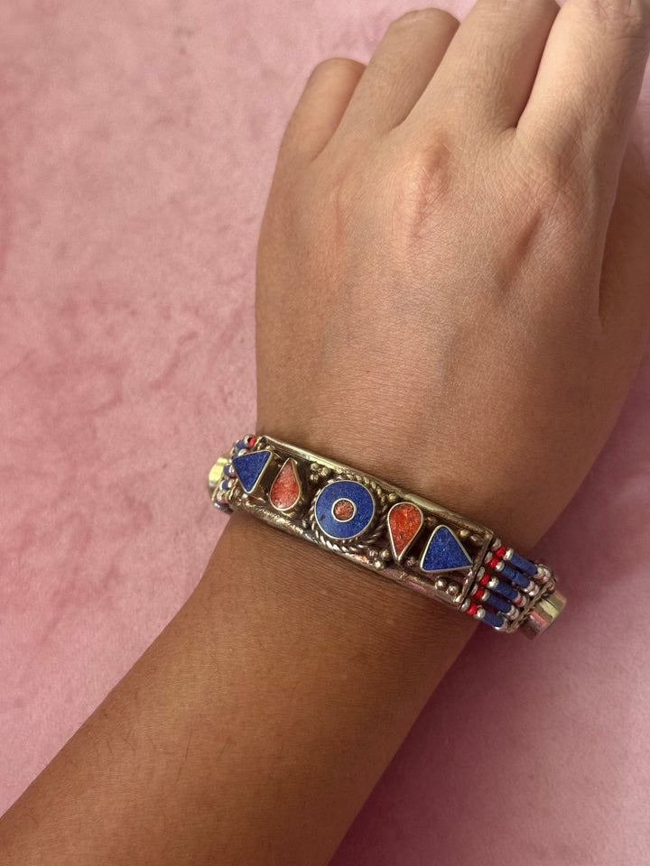 Handcrafted Lapis Lazuli and Coral German Silver Bracelet, Indian Jewelry