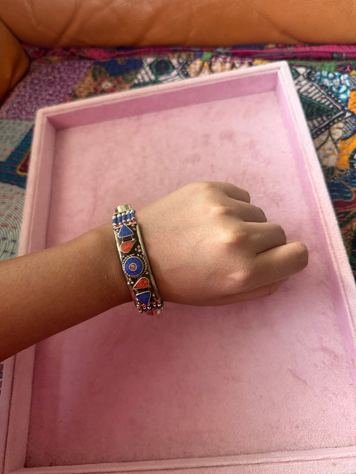 Handcrafted Lapis Lazuli and Coral German Silver Bracelet, Indian Jewelry