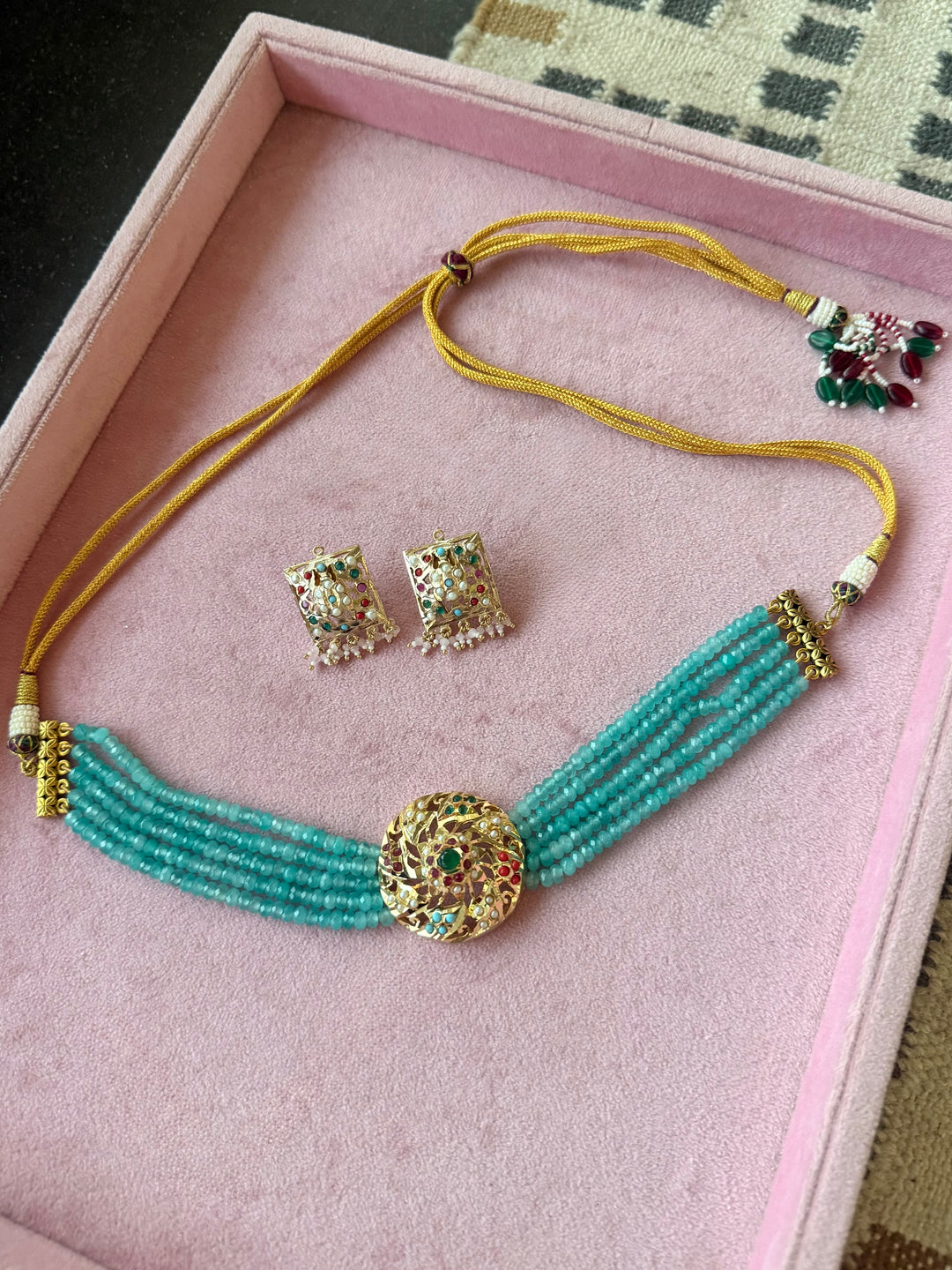 Statement Jadau Choker Necklace Set | 18k Gold Plated | Copper & Semi-Precious Stones