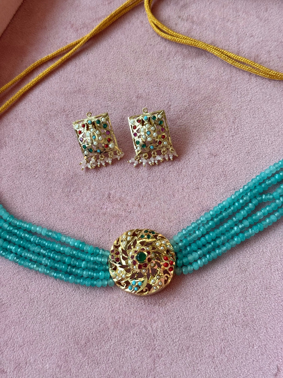 Statement Jadau Choker Necklace Set | 18k Gold Plated | Copper & Semi-Precious Stones