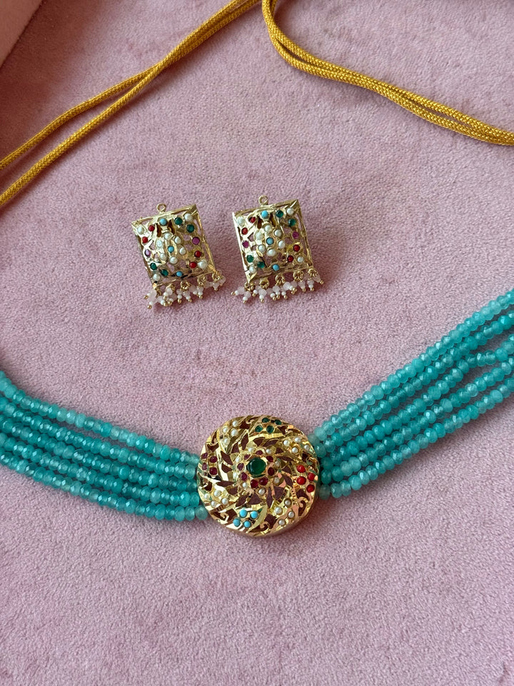 Statement Jadau Choker Necklace Set | 18k Gold Plated | Copper & Semi-Precious Stones