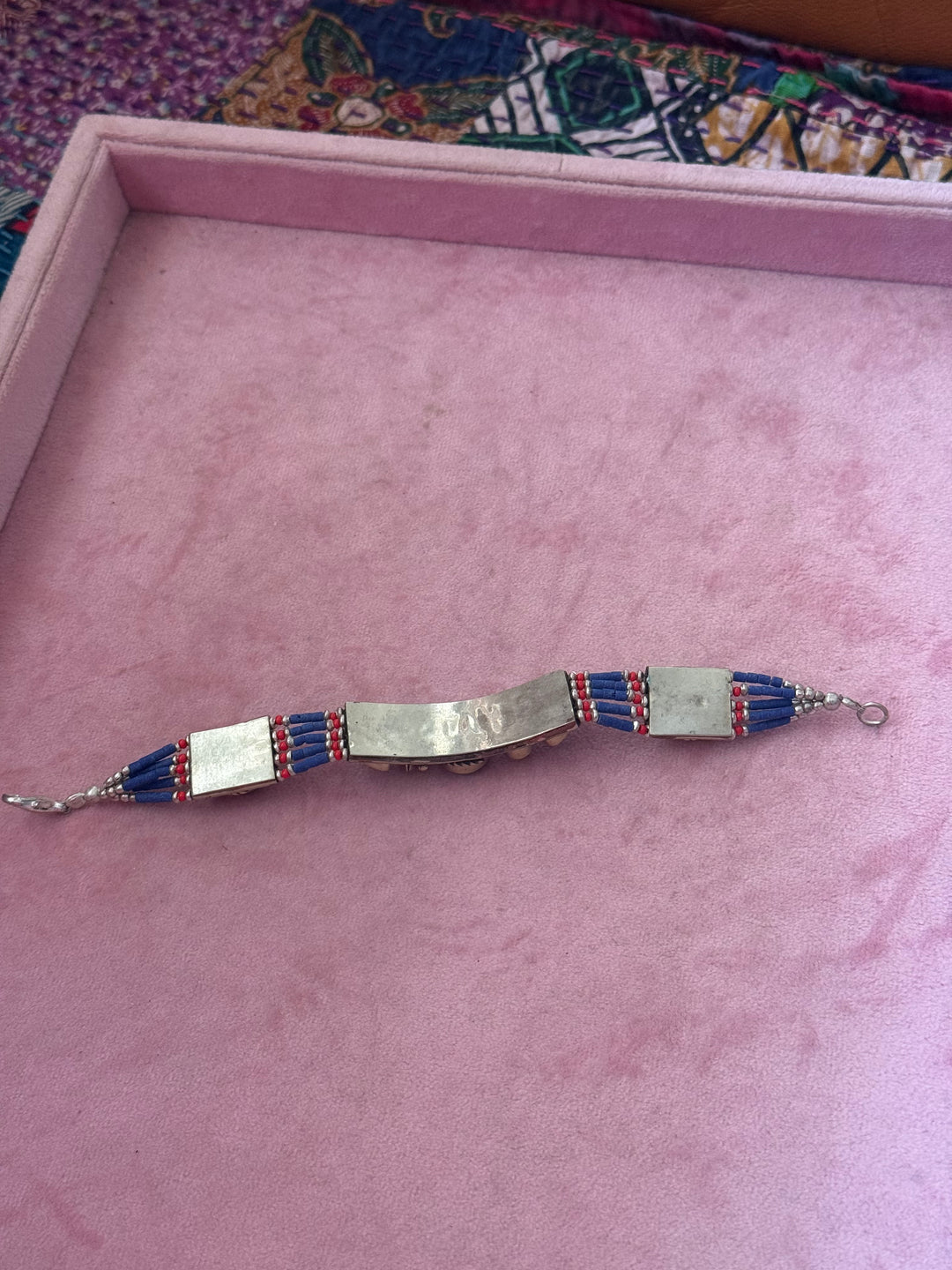 Handcrafted Lapis Lazuli and Coral German Silver Bracelet, Indian Jewelry