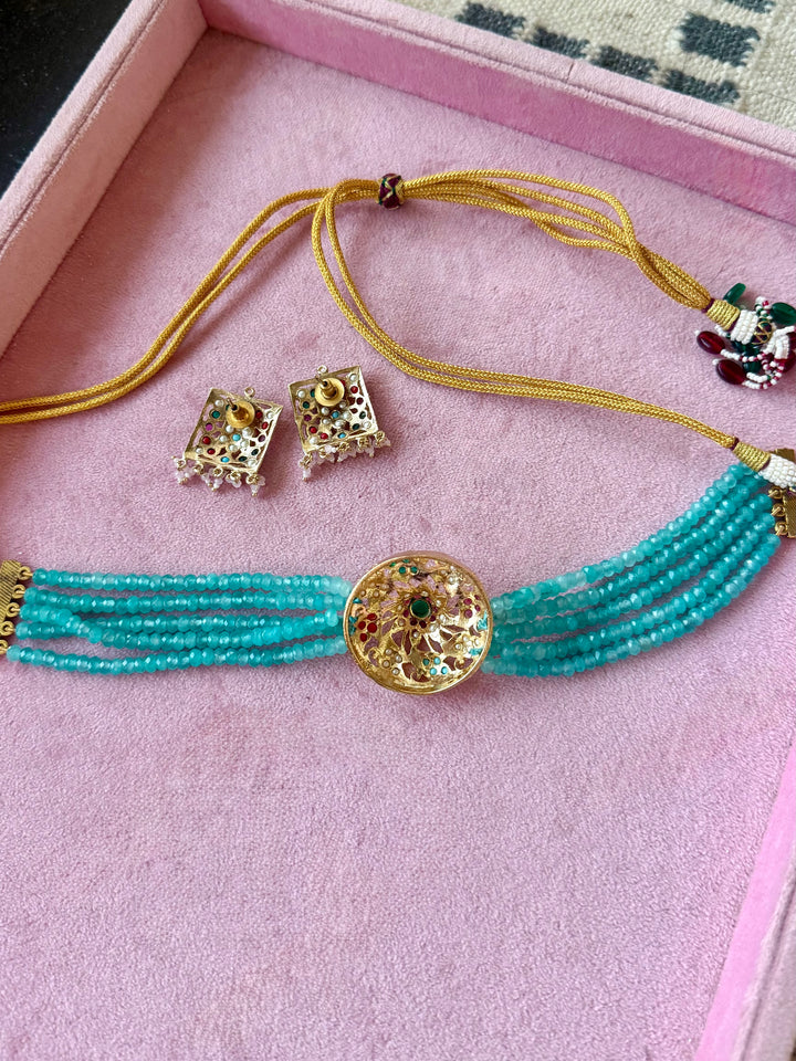 Statement Jadau Choker Necklace Set | 18k Gold Plated | Copper & Semi-Precious Stones