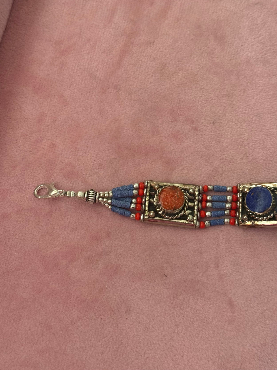 Handcrafted Lapis Lazuli and Coral German Silver Bracelet, Indian Jewelry