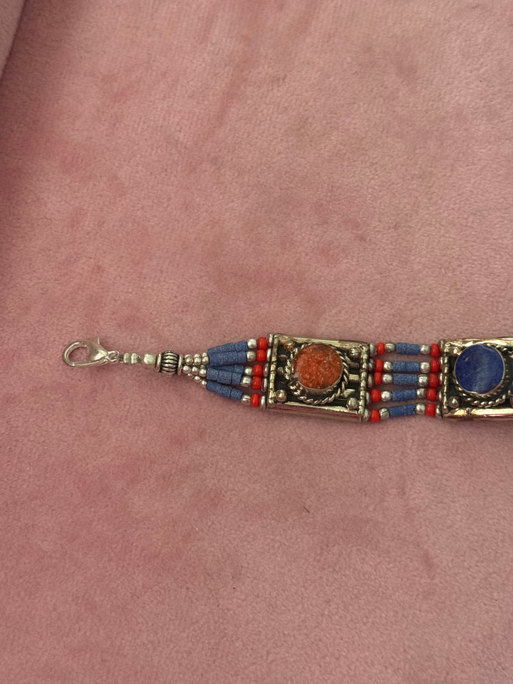 Handcrafted Lapis Lazuli and Coral German Silver Bracelet, Indian Jewelry