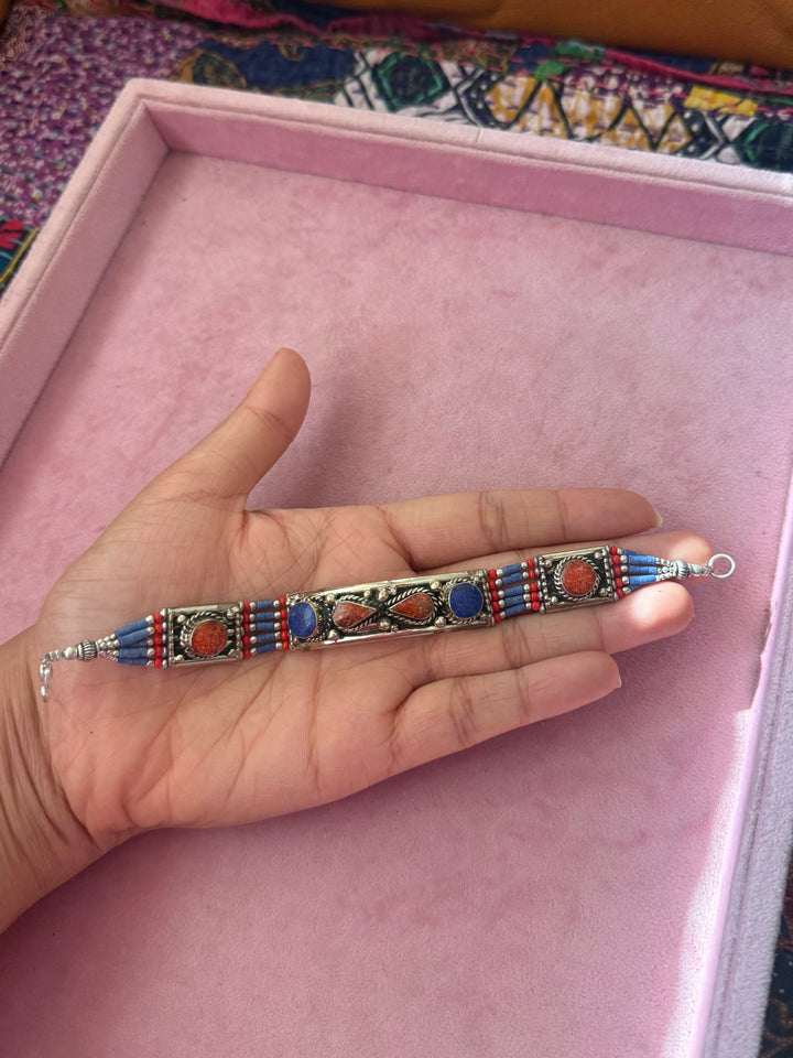 Handcrafted Lapis Lazuli and Coral German Silver Bracelet, Indian Jewelry
