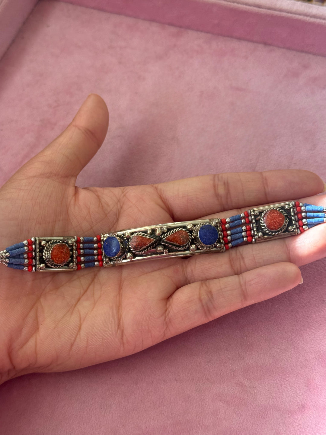Handcrafted Lapis Lazuli and Coral German Silver Bracelet, Indian Jewelry