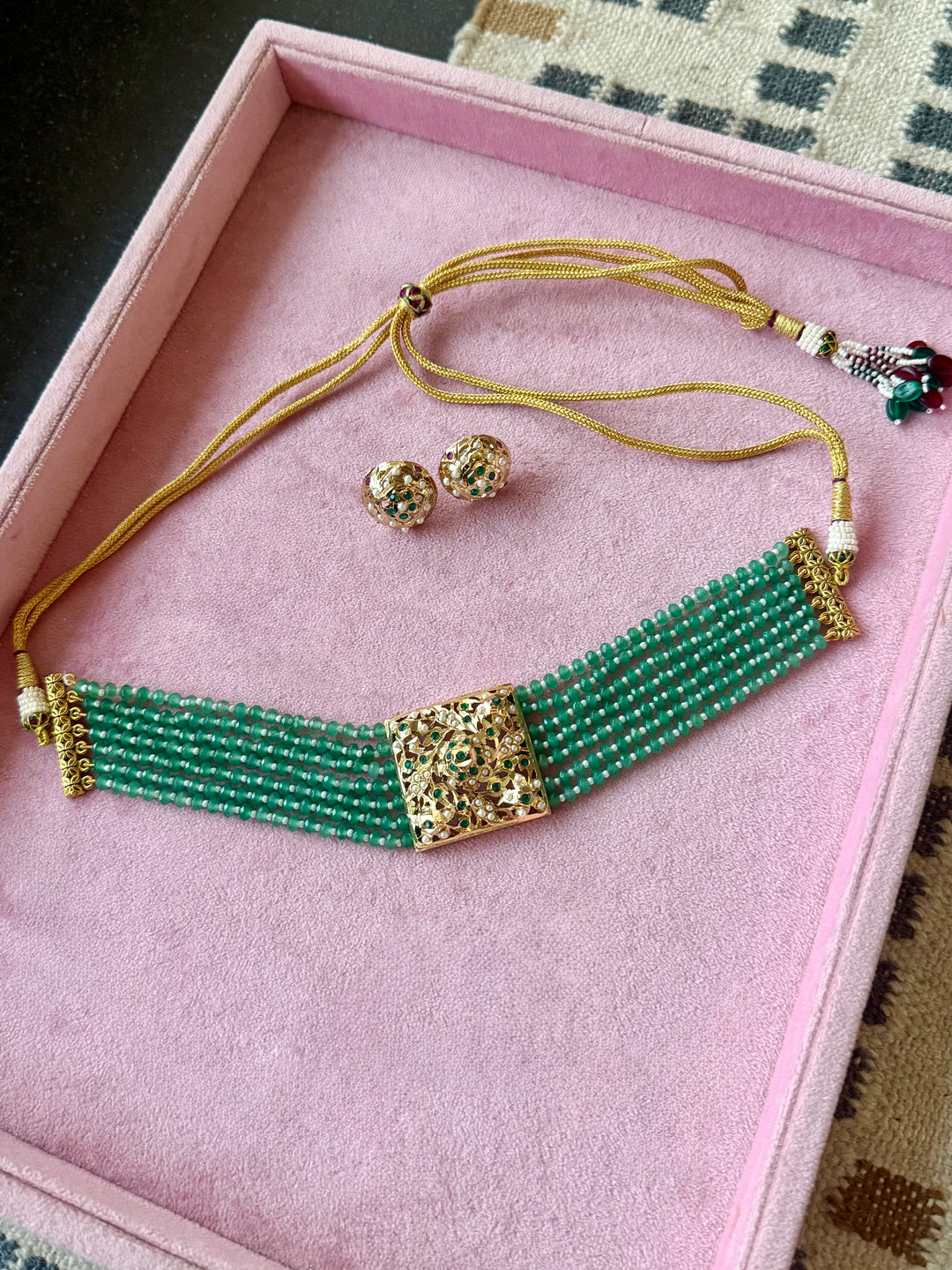 Statement Jadau Choker Necklace Set | 18k Gold Plated | Copper & Semi-Precious Stones