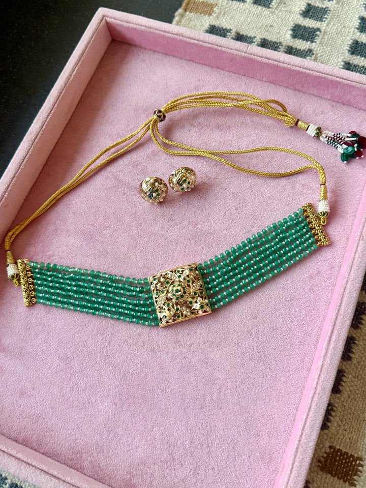 Statement Jadau Choker Necklace Set | 18k Gold Plated | Copper & Semi-Precious Stones