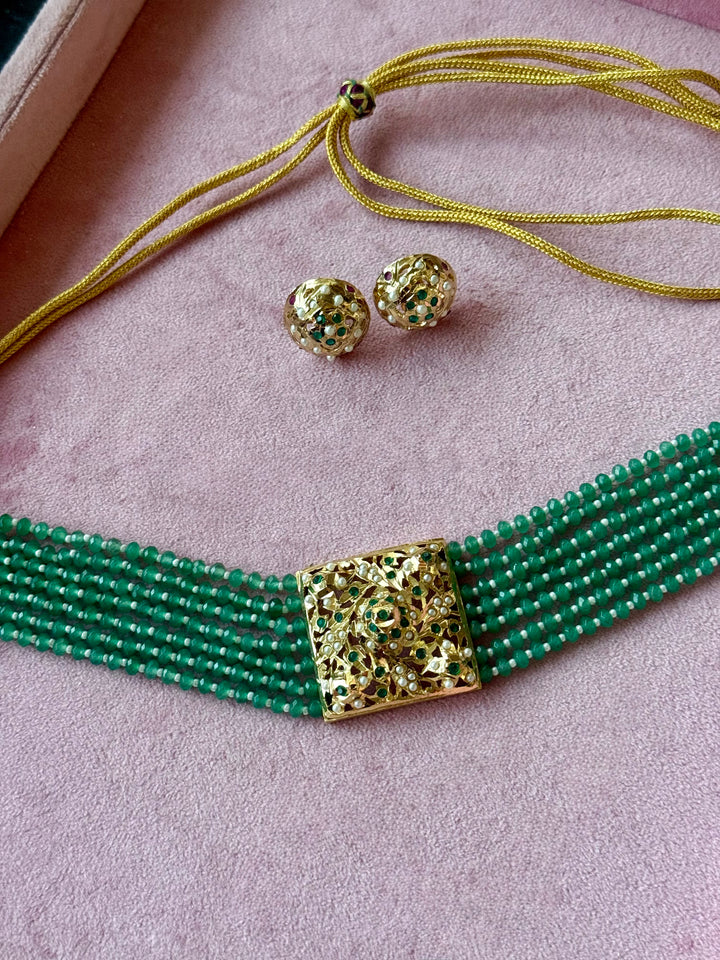 Statement Jadau Choker Necklace Set | 18k Gold Plated | Copper & Semi-Precious Stones
