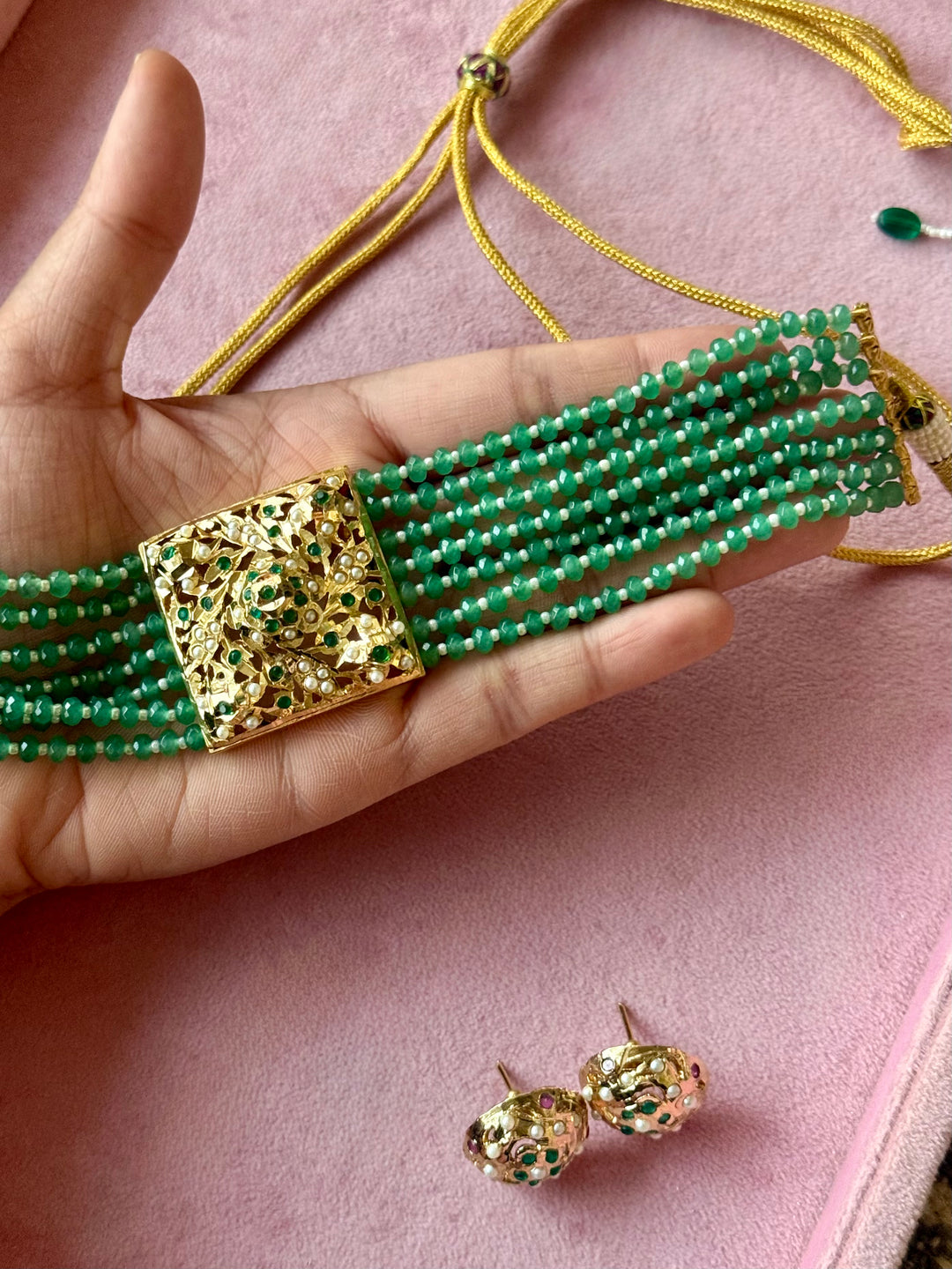 Statement Jadau Choker Necklace Set | 18k Gold Plated | Copper & Semi-Precious Stones