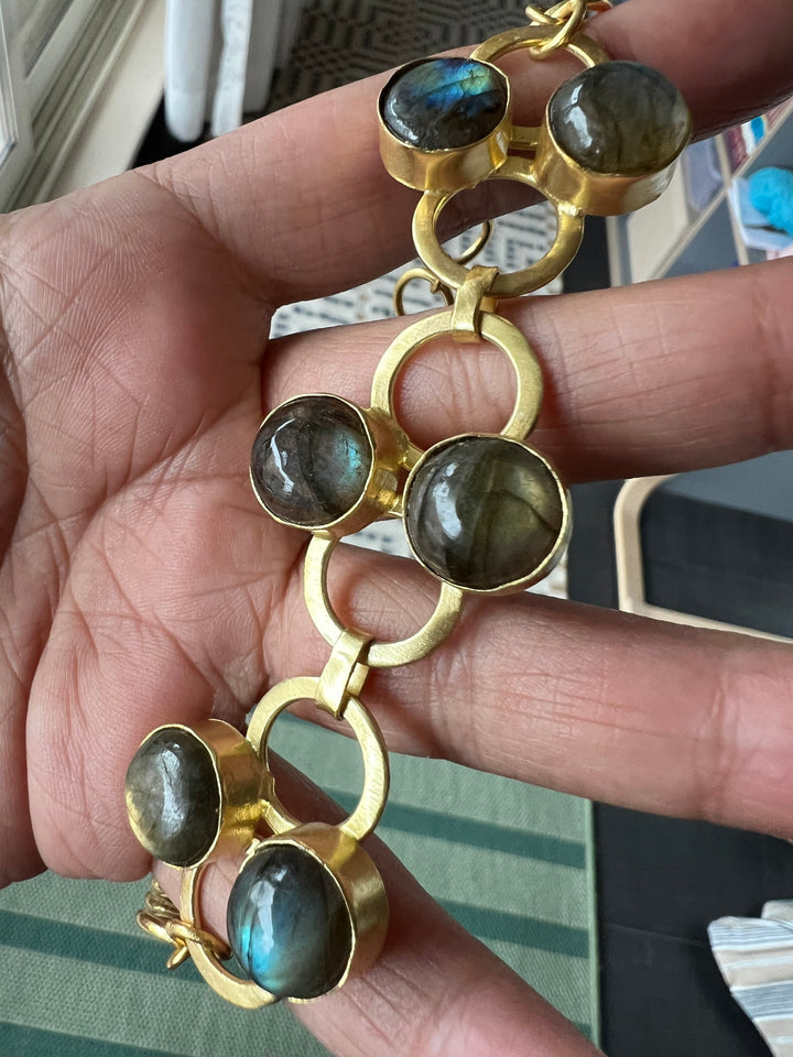 Handmade Brass Choker with Natural Labradorite | Adjustable Modern Gold Polish Necklace by SHIVKA