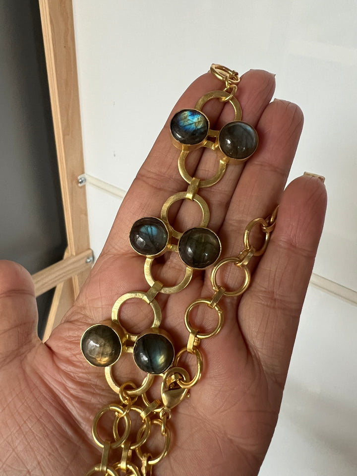 Handmade Brass Choker with Natural Labradorite | Adjustable Modern Gold Polish Necklace by SHIVKA
