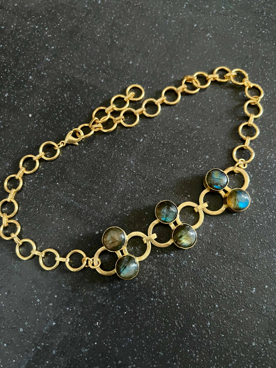 Handmade Brass Choker with Natural Labradorite | Adjustable Modern Gold Polish Necklace by SHIVKA