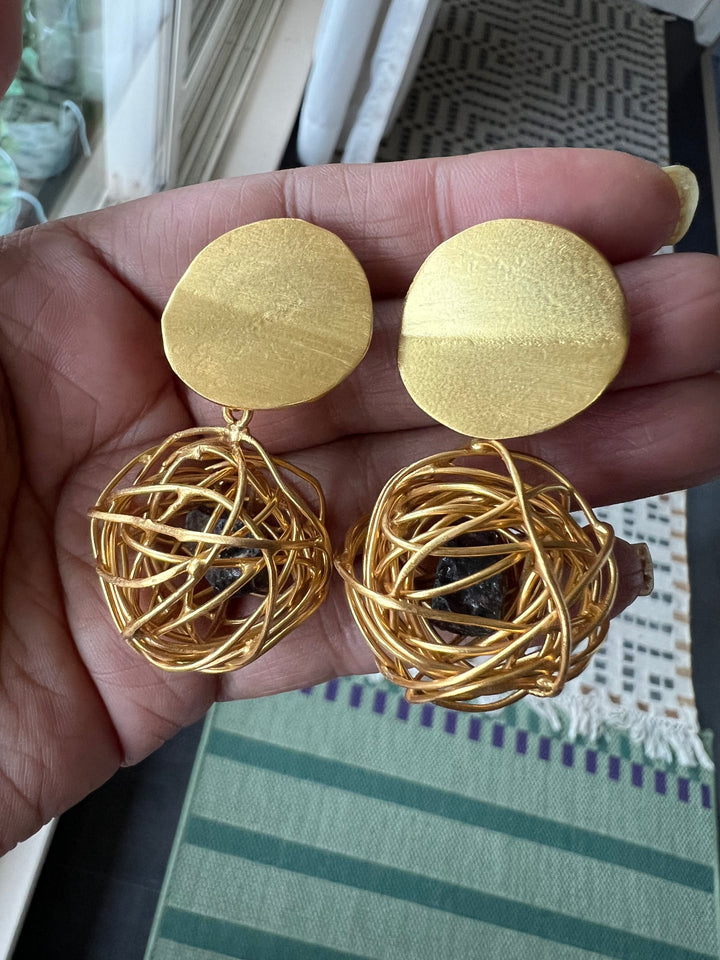 Handmade Brass Dangler Earrings with Natural Gemstone | Modern Gold Polish Push Back Earrings by SHIVKA