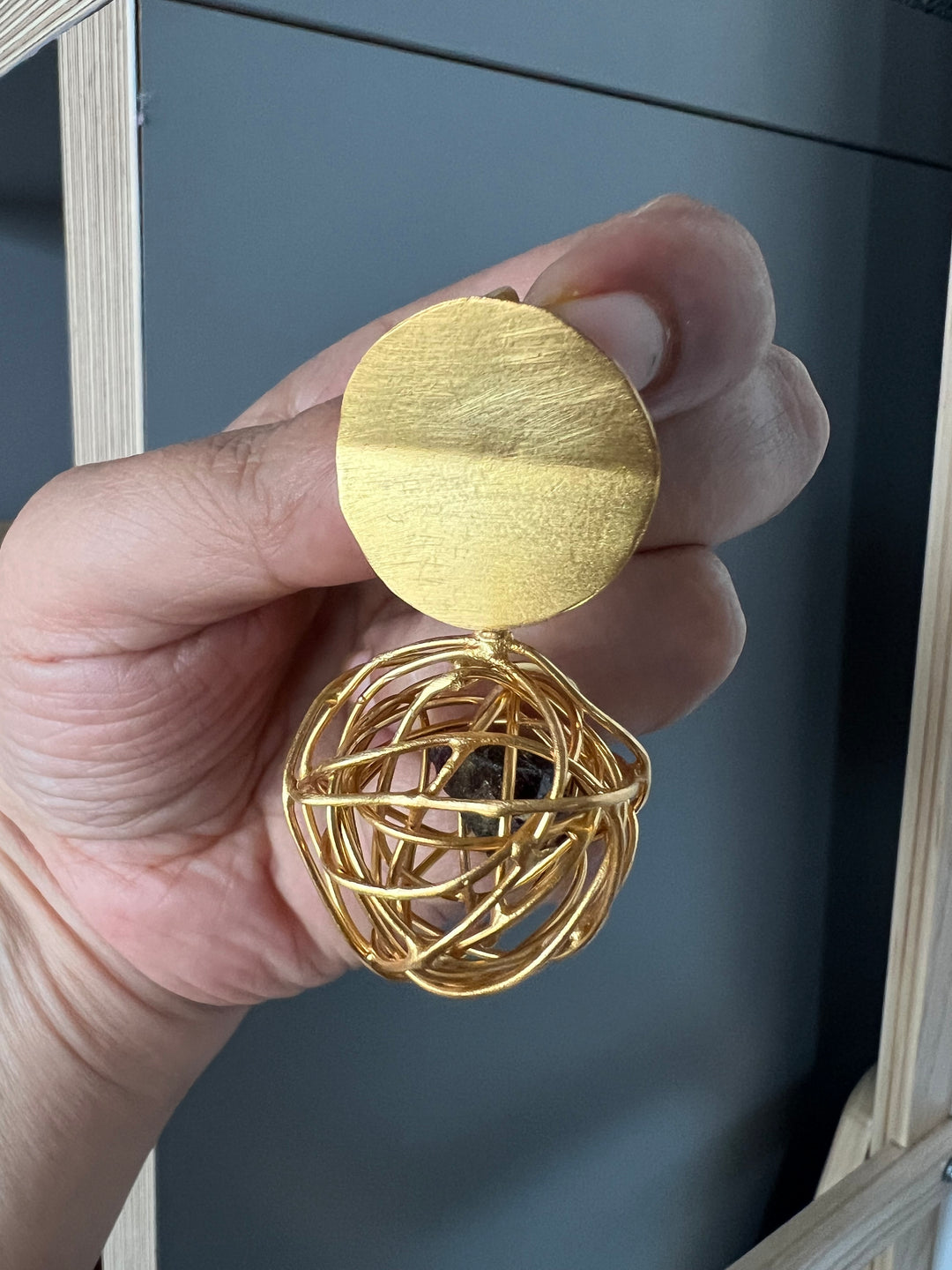 Handmade Brass Dangler Earrings with Natural Gemstone | Modern Gold Polish Push Back Earrings by SHIVKA