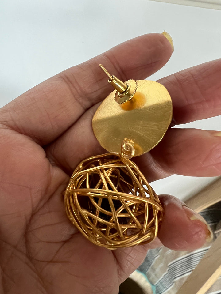 Handmade Brass Dangler Earrings with Natural Gemstone | Modern Gold Polish Push Back Earrings by SHIVKA