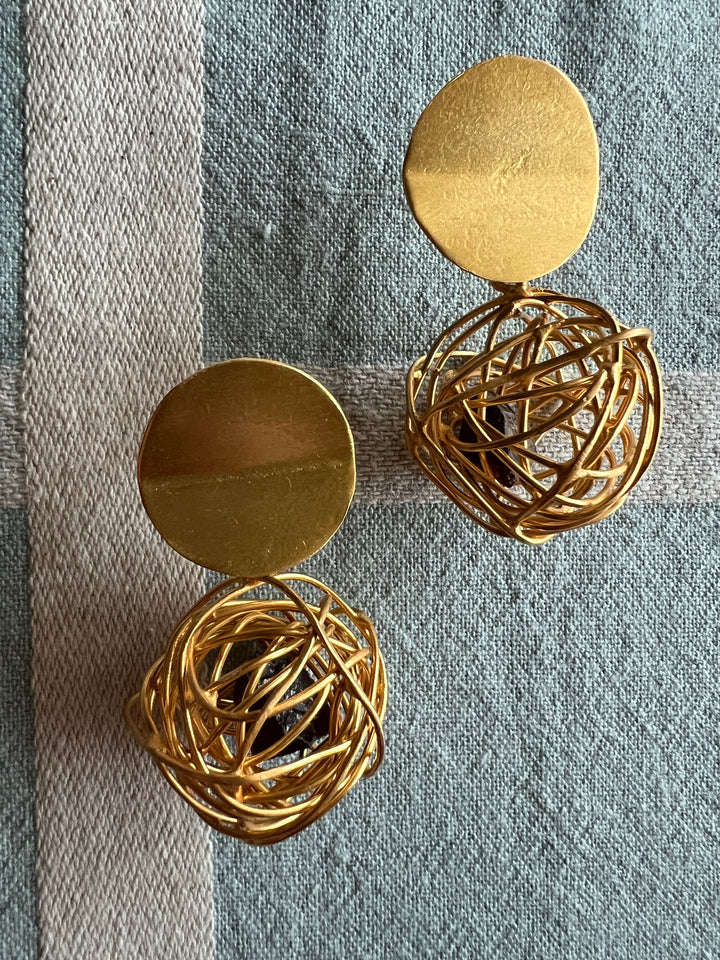 Handmade Brass Dangler Earrings with Natural Gemstone | Modern Gold Polish Push Back Earrings by SHIVKA