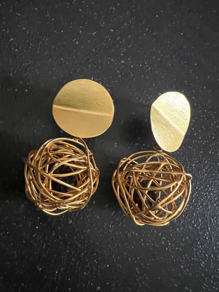 Handmade Brass Dangler Earrings with Natural Gemstone | Modern Gold Polish Push Back Earrings by SHIVKA