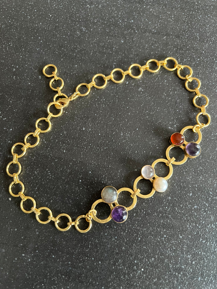 Handmade Brass Choker with Natural Multi Gemstones | Adjustable Modern Gold Polish Necklace by SHIVKA