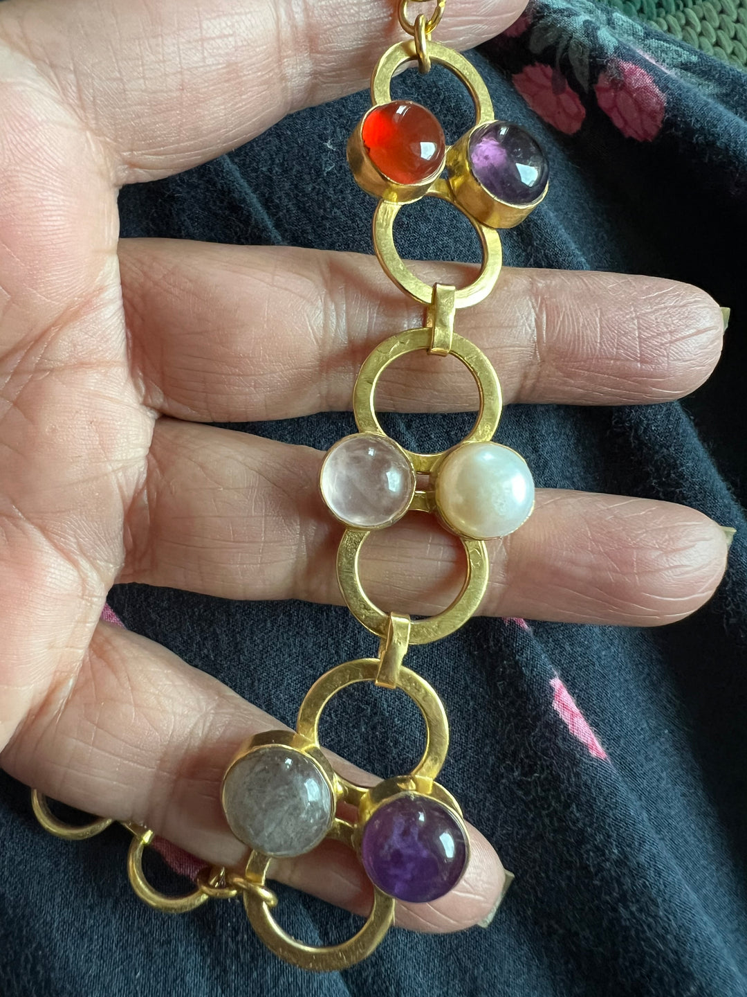 Handmade Brass Choker with Natural Multi Gemstones | Adjustable Modern Gold Polish Necklace by SHIVKA