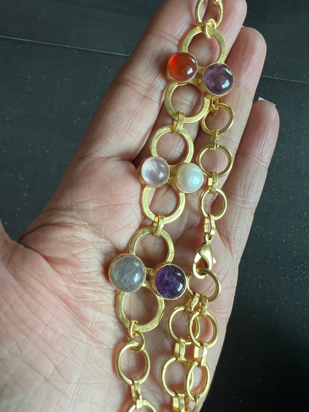 Handmade Brass Choker with Natural Multi Gemstones | Adjustable Modern Gold Polish Necklace by SHIVKA