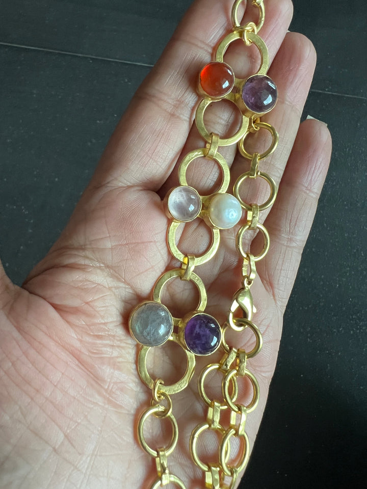 Handmade Brass Choker with Natural Multi Gemstones | Adjustable Modern Gold Polish Necklace by SHIVKA