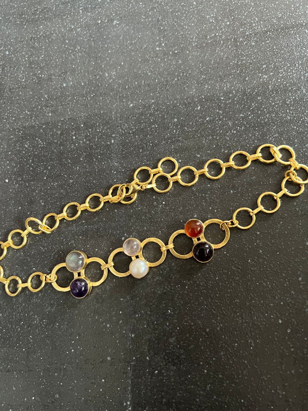 Handmade Brass Choker with Natural Multi Gemstones | Adjustable Modern Gold Polish Necklace by SHIVKA