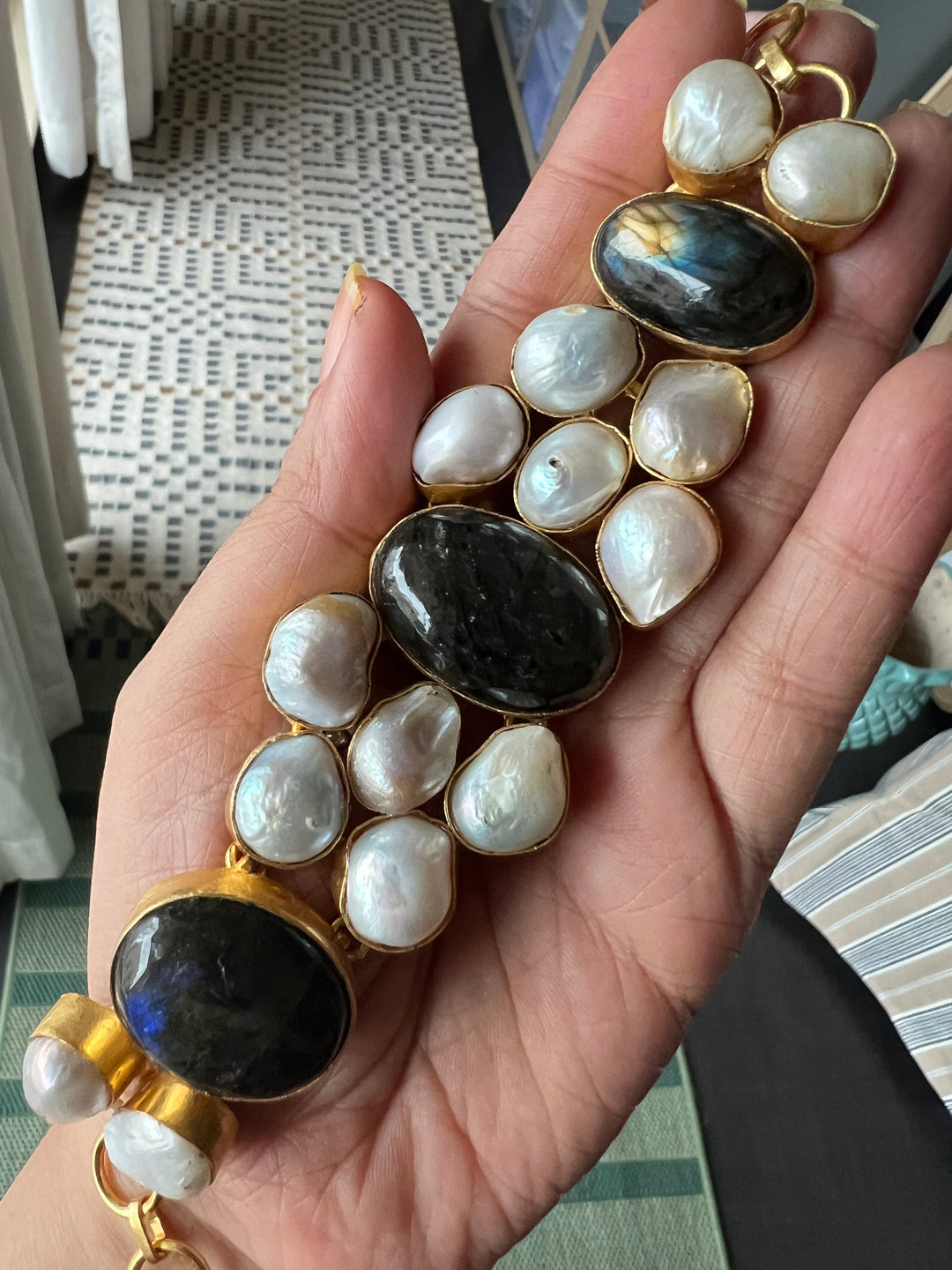 Handmade Brass Choker with Labradorite & Baroque Pearls | Adjustable Modern Gold Polish Necklace by SHIVKA