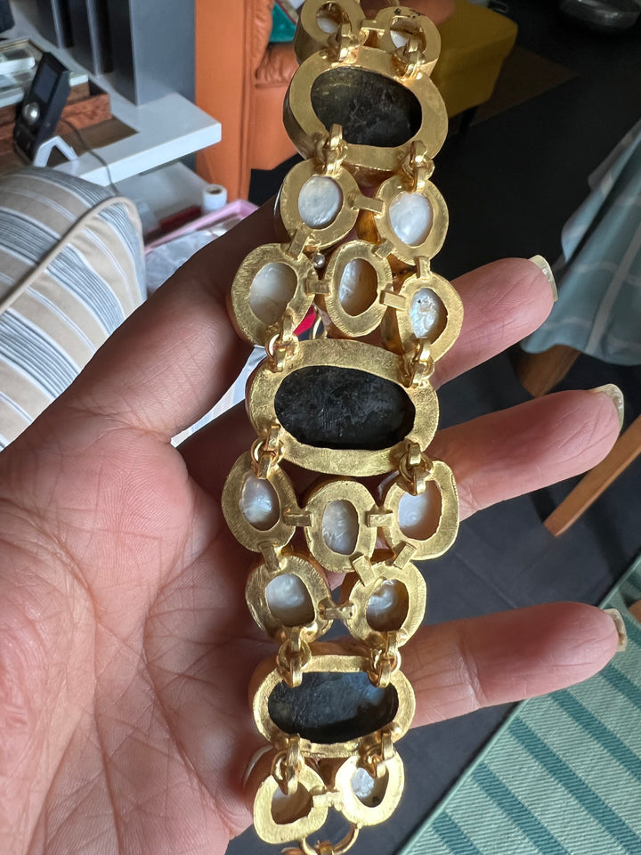 Handmade Brass Choker with Labradorite & Baroque Pearls | Adjustable Modern Gold Polish Necklace by SHIVKA