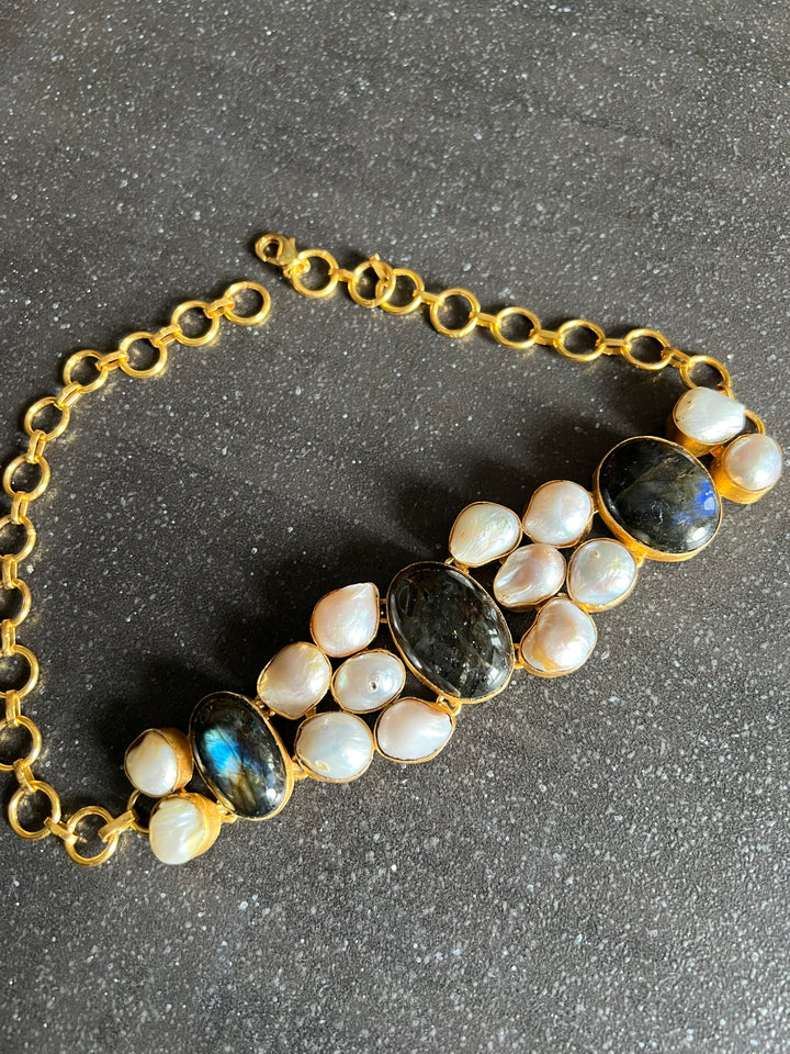 Handmade Brass Choker with Labradorite & Baroque Pearls | Adjustable Modern Gold Polish Necklace by SHIVKA