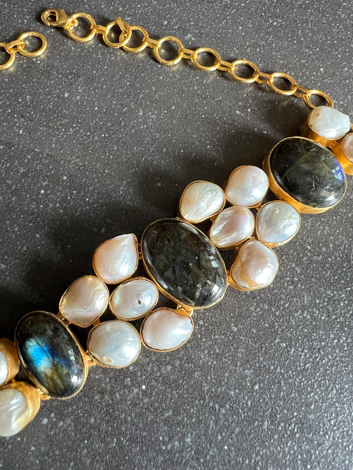 Handmade Brass Choker with Labradorite & Baroque Pearls | Adjustable Modern Gold Polish Necklace by SHIVKA