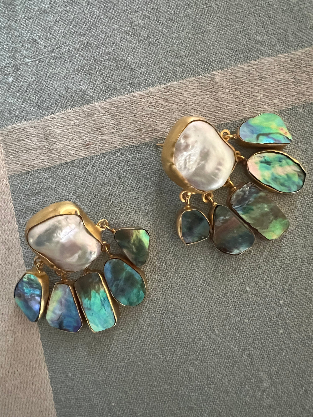 Handmade Brass Earrings with Abalone Shell & Baroque Pearls | Modern Gold Polish Statement Earrings by SHIVKA