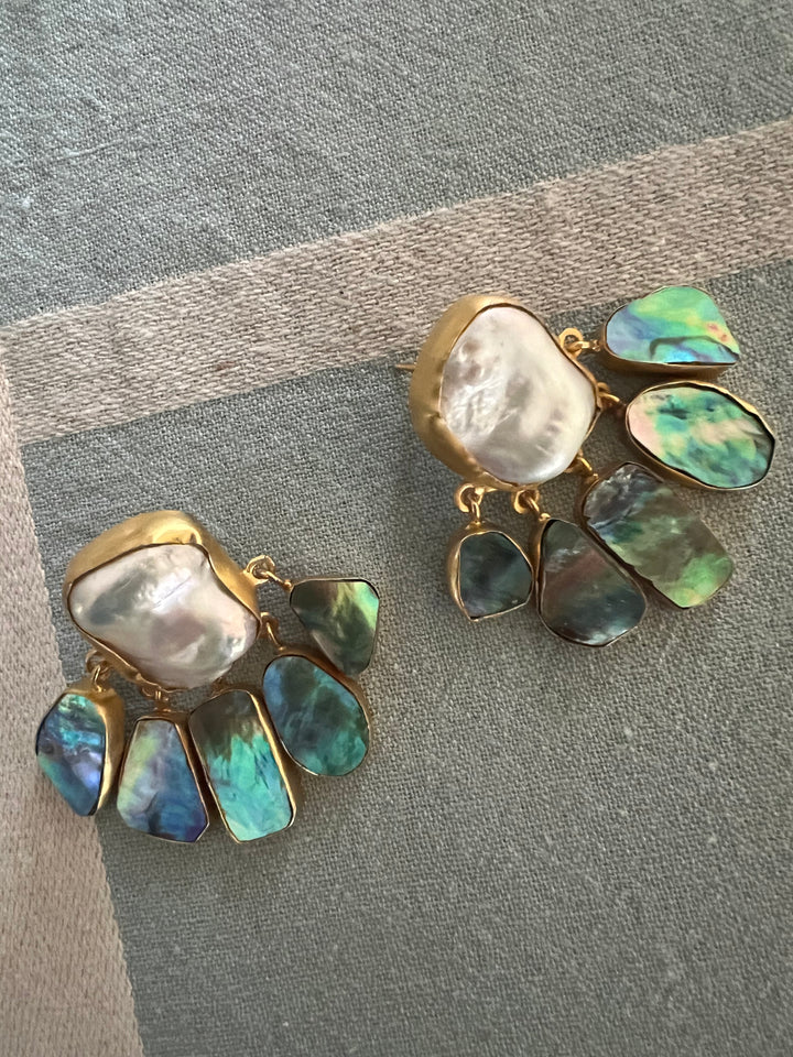 Handmade Brass Earrings with Abalone Shell & Baroque Pearls | Modern Gold Polish Statement Earrings by SHIVKA