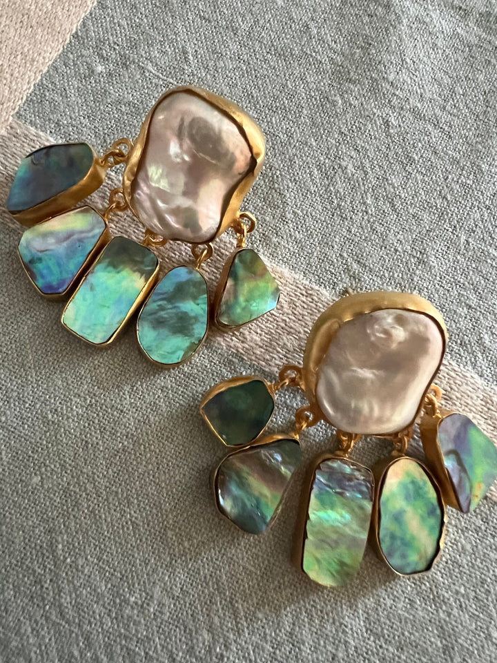 Handmade Brass Earrings with Abalone Shell & Baroque Pearls | Modern Gold Polish Statement Earrings by SHIVKA
